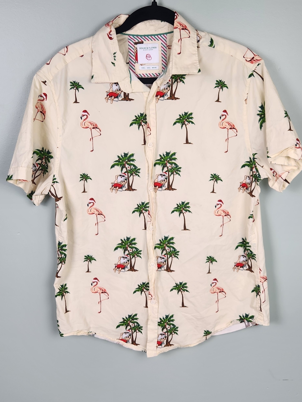 Santa Flamingo Hawaiian Shirt Men's Large Christmas Beach